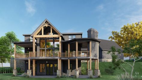 Asheville Cottage House Plan House Plans Sloped Lot, House Plans With Outdoor Living Space, Rustic Craftsman House Plans, Modern Craftsman House Plans, Modern Craftsman House, Stacked Porches, Vaulted Family Room, Angled Garage, Rustic Craftsman