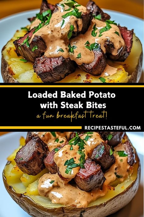 A hearty and delicious meal that pairs tender, flavorful steak bites with creamy, cheesy loaded baked potatoes. Perfect for a satisfying dinner! Baked Potatoes With Steak, Loaded Baked Potato With Steak, Baked Potato With Steak, Potatoes With Steak, Steak And Baked Potato, Baked Potato Dinner, High Protein Foods List, Baked Steak, Steak Potatoes