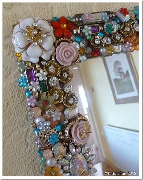 Jewelled Mirror Upcycled Mirror recycled Mirror Upcycle Mirror Frame, Mirror Upcycle, Upcycled Mirror, Upcycle Mirror, Jeweled Picture Frame, What Have I Done, Jewel Frames, Beaded Mirror, Mirror Makeover