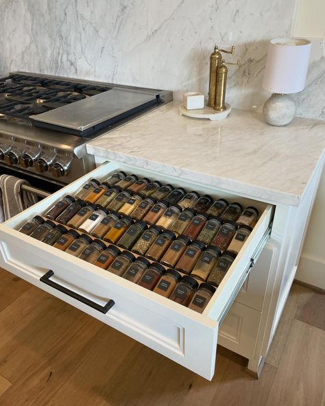 We’re still drooling over this amazing spice drawer transformation. 🤤 We used a @revashelf spice drawer insert custom fit to the drawer. Added @neatmethod spice jars in black, with matching labels. And just like that, the spice drawer of your dreams was born! @katytexasneat @neatmethod #katytexasneat #professionalorganizer #organizedliving #spices #spicedrawer #kitchen #kitchendesign #neatlife #neatmethod #organization Spice Drawer Insert, Pioneer Kitchen, Spice Cabinet Organization, Spice Organization Drawer, Spice Drawer, House Organisation, House Essentials, Kitchen And Bath Remodeling, Kitchen Drawer Organization