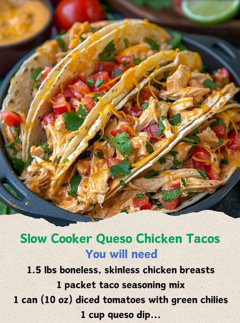 Alexander's Recipes Slow Cooker Queso Chicken, Queso Chicken Tacos, Tacos Ideas, Slow Cooker Queso, Queso Chicken, Chicken Recipes Boneless, Oven Chicken Recipes, Chicken Taco Recipes, Instant Pot Recipes Chicken