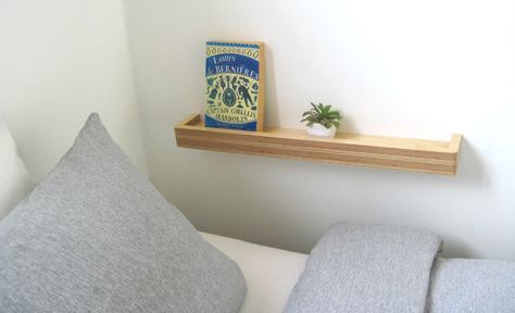 Office With Couch, Home Office With Couch, Bedside Table Small Space, Floating Shelves With Lights, Narrow Bedside Table, Shelf Bedside Table, Floating Shelves Bedroom, Reclaimed Wood Floating Shelves, Floating Shelves Living Room