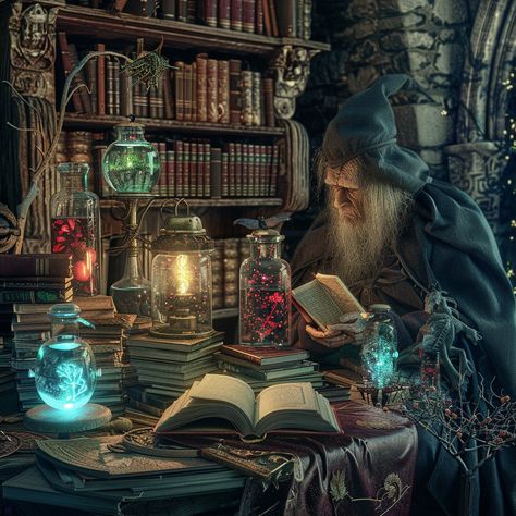 Wizard Reading Books: An elderly wizard delves into ancient texts surrounded by glowing magical artifacts and dusty library shelves. #wizard #books #magic #library #ancient #aiart #aiphoto #stockcake ⬇️ Download and 📝 Prompt 👉 https://ayr.app/l/wA7i Wizard Books, Magic Library, Magical Artifacts, Ancient Library, Floating Books, Enchanted Book, Fantasy Mermaid, Library Shelves, Ancient Books