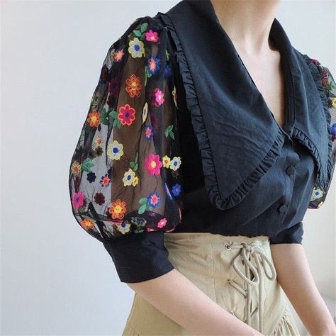 DAISY Flower Sleeve Shirt in 2022 | Flower sleeve shirt, Puff sleeve blouse, Trendy cardigans Flower Sleeve, Gaun Fashion, Trendy Fashion Tops, Collar Neck, Women's Blouses, Blouse Design Models, Mesh Sleeves, Puff Sleeve Blouse, Collar Blouse