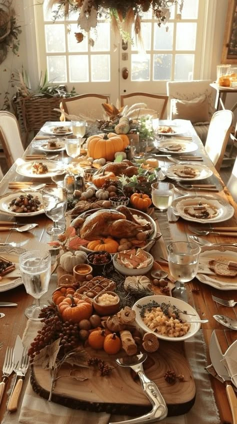 Fall Thanksgiving Table Decor, Thanksgiving Table Settings With Food, Thanksgiving Table Spread, Thanksgiving Dinner Party Decorations, Rustic Thanksgiving Table Settings, Vintage Thanksgiving Tablescapes, Autumn Hosting, Fall Dinner Party Tablescape, Autumn Dinner Table