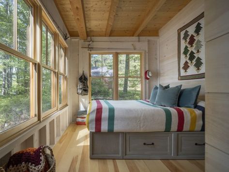 Camp Bedroom, Canoe Camping, Angled Ceilings, Sleeping Porch, Family Cabin, Camp Style, Upstairs Bedroom, Pine Floors, River House