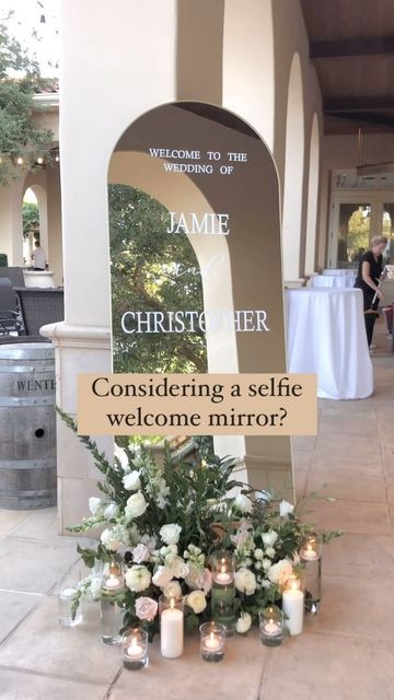 Wedding Welcome Selfie Mirror, Floor Mirror Welcome Sign, Mirror Theme Wedding Decor, Diy Selfie Mirror Wedding, Mirror Wedding Signs For Reception, Welcome Selfie Mirror, Wedding Welcome Sign Mirror With Flowers, Wedding Welcome Ideas, Selfie Mirror For Wedding