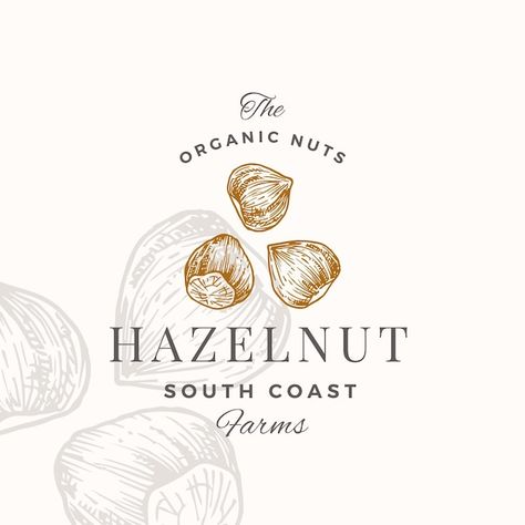 Hazelnut logo template hand drawn nuts s... | Premium Vector #Freepik #vector #logo-illustration #leaf-logo #vintage-logo #nature-logo Hazelnut Logo Design, Hazelnut Illustration, Nuts Logo Design, Nuts Illustration, Nuts Logo, Nut Packaging, Nuts Packaging, Biscuit Packaging, Logo Nature