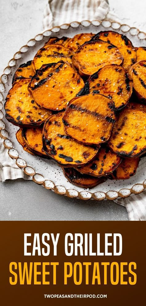 Grilled Sweet Potatoes- an easy and healthy side dish that goes great with any meal. Fire up the grill and enjoy grilled sweet potatoes with your favorite sauces and condiments! Grilled Yams, Sweet Potatoes On The Blackstone, Sweet Potatoes On The Grill, Sweet Potato On The Grill, Sweet Potatoes Blackstone, Sweet Potato On Blackstone, Bbq Sweet Potato Recipes, Sweet Potatoes Grilled, Sweet Potato Grilled