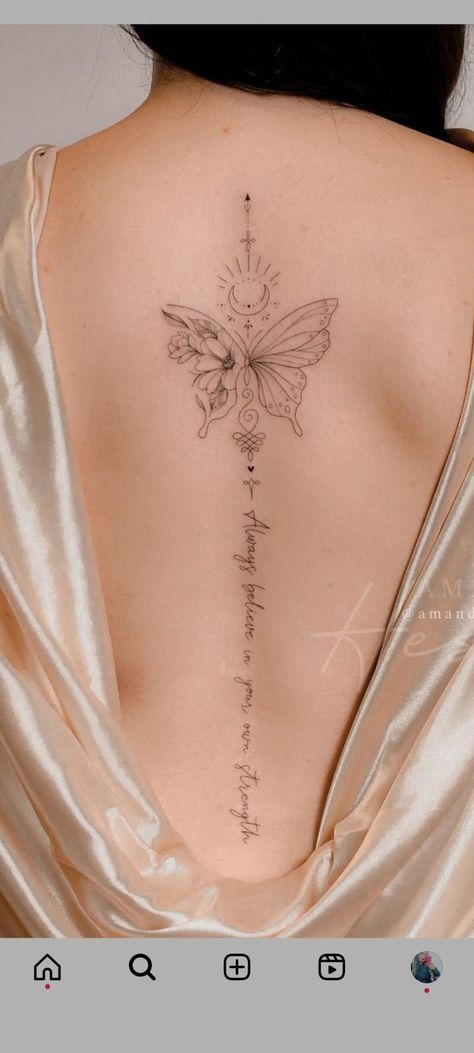 Spine Tattoo Quotes, Back Tattoo Women Spine, Back Tattoos Spine, Feminine Back Tattoos, Font Tato, Rare Tattoos, Butterfly Back Tattoo, Composition Techniques, Tattoos Infinity