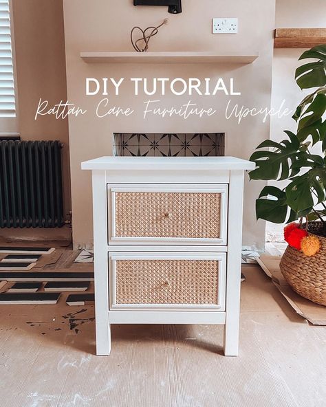 Upcycle Bedside Table, Ikea Upcycle, Rattan Bedroom Furniture, Boho Bedside Table, Bedside Table Ikea, Boho Nightstand, Rattan Bedroom, Nightstand Makeover, Hack Ikea