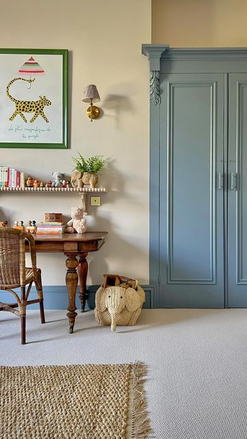 Woodwork Paint Colour, French Blue Trim Interior, Laquer Painted Walls, Colourful Woodwork, Colorful Nordic Interior, Yellow Woodwork, Blue Skirting Boards, Colorful Trim Interior, Peach Playroom