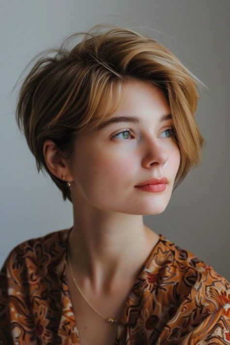 Woman with short, layered blonde hair looking off to the side, wearing a patterned brown top. 90s Pixie Cut Straight Hair, "bixie" Haircut, Bixie 90s Haircut, 90s Bixie, Vintage Pixie Cut, 90s Pixie Cut, Long Pixie Haircut, Bixie Haircut, Pageboy Haircut