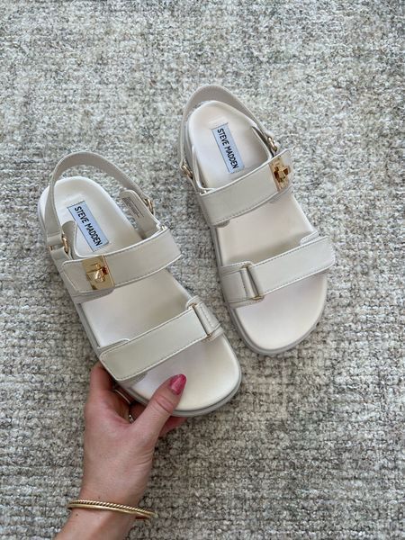 Here are some cute white strappy spring sandals! I'm loving this dad sandal style and it's under $100. I linked it on my LTK page if you want to check it out - it matches with almost everything! | sandals, shoes, footwear, spring, looks, style, fashion, inspiration, ideas, shop, shopping Everyday Footwear For Women, White Sandals Outfit, Dad Sandals Outfit, Aesthetic Sandals, Sandals Outfit Casual, Sandals Aesthetic, Classy Sandals, Sandals Design, Girls Footwear