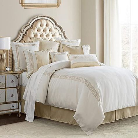 HiEnd Accents Hollywood Modern Glam Comforter Set, Super Queen, White  Champagne 4 PC Glam Bedding Sets, Glam Comforter Set, White And Gold Bedding, White And Gold Bedroom, Modern Glam Decor, Casual Bedroom, Full Comforter Sets, Glamourous Bedroom, Glamorous Decor