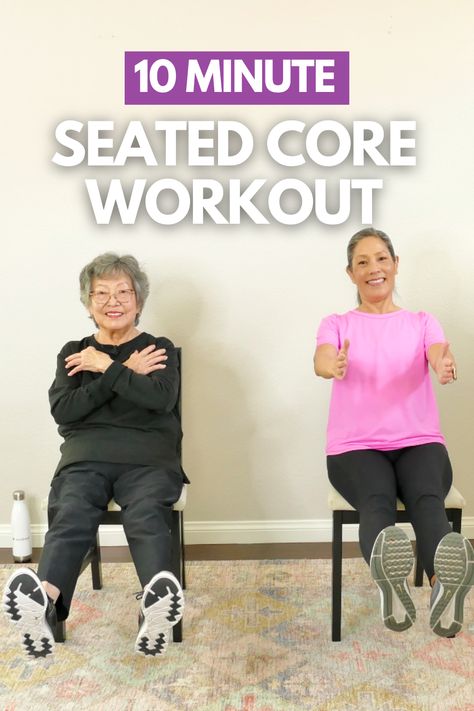 Having a strong core is essential for any activity you do. You just need 10 minutes and this Seated Core Workout can be done everyday. The workout will strengthen your core so you can do any daily activity with strength and ease. It features 5 moves, targeting your abdominals, back muscles, and obliques. You can do it as part of any cardio or strength workout. Now let’s get to the core and improve our strength! #beginnerfitness #seniorfitness #abworkout #athomeworkout #yes2next Senior Core Exercises, Seated Leg Exercises, Chair Core Exercises, Seated Core Exercises, Chair Excercises Workouts, Exercises For Core Strength, Core Exercises For Seniors, Senior Workout, Leg Strengthening Exercises