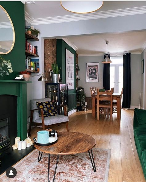 Lounge Diner Ideas, Victorian Terrace Living Room, Living Room Knock Through, Living Room Looks, Dark Green Living Room, Terrace Living Room, Victorian House Interiors, Open Plan Living And Dining, Victorian Living Room