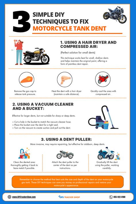 Ditch those unsightly motorcycle tank dents without breaking the bank! Discover DIY techniques for paintless dent removal using everyday household items like hairdryers and vacuum cleaners. From small, shallow dents to deeper imperfections, this guide offers effective methods to restore your bike's glory. 🏍️✨ Infographic included! Dive into DIY motorcycle maintenance and save on repair costs. #MotorcycleMaintenance #DIYDentRepair" Motorcycle Maintenance, Diy Motorcycle, Motorcycle Repair, Motorcycle Frames, Diy Techniques, Dent Repair, Motorcycle Tank, Motor Cycle, Vacuum Cleaners