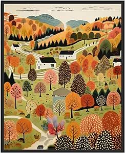 Fall Landscape Poster Art Print, Scenery Landscape American Folk Art, Naive Artwork PIcture Painting Decor for Bedroom, Bathroom, Living room. (Fall Landscape, 24x36 inches (Unframed)) Folk Art Landscape, Naive Painting, Picture Painting, Scenery Landscape, Fall Landscape, Painting Decor, Ink Artwork, Landscape Canvas Art, Autumn Scenery