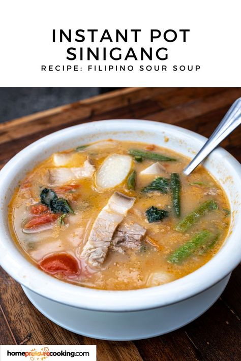 Learn how to make Instant Pot Sinigang Recipe: Filipino Sour Soup, a staple in Filipino Soup Recipes. This Pork Sinigang is a delicious and easy way to bring the taste of the Philippines to your kitchen. Perfect for fans of Phillipino Food, this recipe is part of our collection of Easy Filipino Recipes and classic Philippines Recipes. Don’t miss out on this flavorful dish—visit homepressurecooking.com for the full recipe and start cooking now! Pork Sinigang Recipe Filipino Dishes, Instant Pot Sinigang, Authentic Filipino Recipes, Sinigang Instant Pot, Easy Sinigang Recipe, Beef Sinigang Recipe, Sopas Recipe Filipino, Healthy Filipino Recipes, Sinigang Recipe Beef