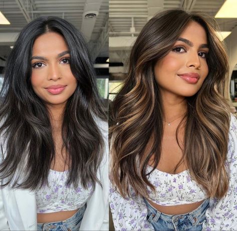 Level 2 Hair Color Balayage, Layers With Colored Hair, Caramel Face Framing Highlights On Dark Hair, Highlights Layers Brown Hair, Blonde For Indian Skin, Hair Colour For Layered Hair, Dyed Hair For Indian Women, Balayage Hair For Tan Skin Tone, Hair Colour That Suits Indian Skin