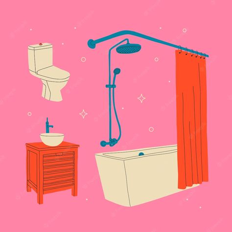 Premium Vector | Bathroom furniture sink bathtub toilet shower faucet vector isolated illustration on a pink background Cartoons 00s, Bathtub Drawing, Bathtub Illustration, Shower Illustration, Bathroom Cartoon, Visual Reference, Bathroom Countertops, Shower Faucet, Bathroom Furniture