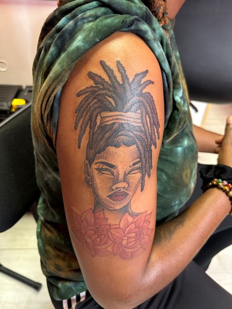 Locs And Tattoos Black Women, Locs Tattoo, Loc Goddess Tattoo, Loc Tattoos, Locs Tattoo Ink Black Women, Locs Tattoos Ideas, Tattoo Of Woman With Locs, Black Woman Tattoos, Women With Locs Tattoos