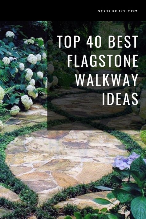 Just as the walkway itself as been a time-honored implement in homes and palaces, guiding guests and tenants through gardens and gateways alike, so too is the flagstone a centuries-old staple that shows no signs of going out of style.Elegant and just the right amount of out-of-the-ordinary, flagstones are relatively simple to install and just as easy to maintain. #nextluxury #homedesign #homedecor #homedecorideas Natural Flagstone Walkway, Flagstone Walkway To Front Door Entrance, Stone Walkway Backyard, Flagstone Garden Path, Flagstone Driveway Ideas, Painting Flagstone, Flagstone Walkway To Front Door, Sandstone Walkway, Flagstone Driveway