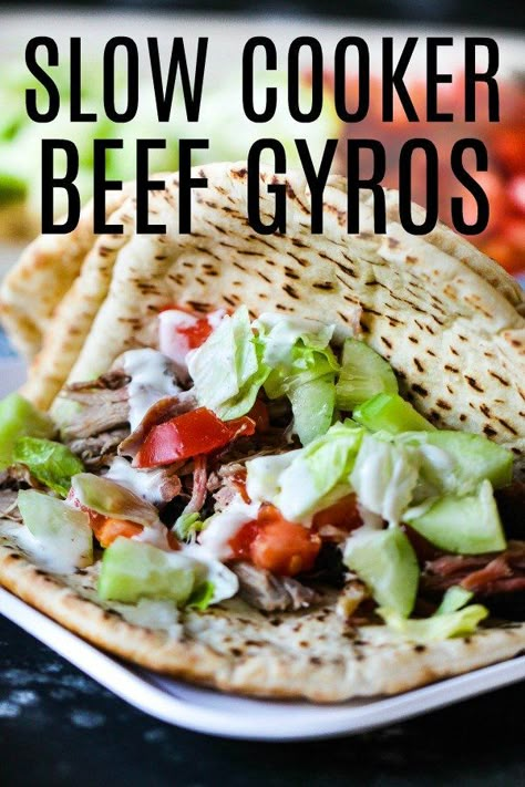 Gyros With Tzatziki Sauce, Beef Gyros, Beef Gyro, Doner Kebab, Crockpot Slow Cooker, Tzatziki Sauce, Crockpot Beef, Crockpot Cooking, Slow Cooker Meals