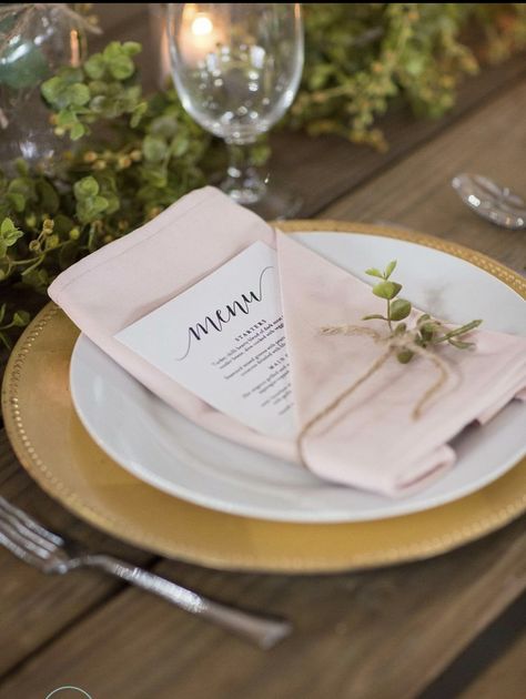 Napkin Folding Ideas With Menu Card, Napkin Colors Wedding, Wedding Place Settings Napkins, Napkins Folding Ideas Wedding, Napkin Folding Ideas Wedding Menu Cards, Blush Napkins Wedding, Menu In Napkin, Napkin Folds Wedding, Wedding Napkin Folds