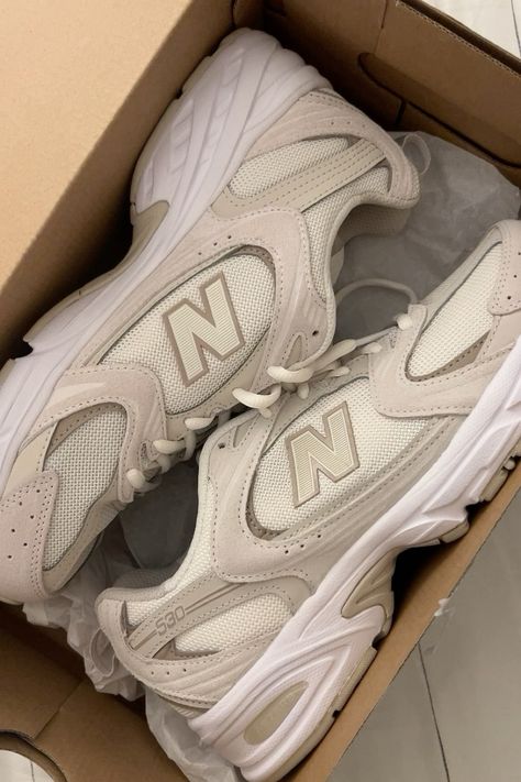 New balance 530s, beige neutral new balance shoes, so comfortable and cute sneakers! Fairly true to size and under $70! 💫🤎  #LTKshoecrush #LTKfindsunder50 #LTKsalealert  Follow my shop @TheBrideKayla on the @shop.LTK app to shop this post and get my exclusive app-only content!  #liketkit  @shop.ltk Clean Girl Shoes, Ella Montgomery, New Balance Aesthetic, New Balance 530 Outfit, Nb 9060, Beige Trainers, Balanced Beige, New Balance Trainers, New Balance Outfit