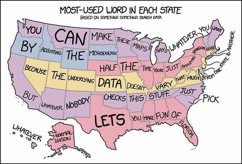 Most-Used Word In Each State Funny Maps, Word Map, History Jokes, Online Comics, Word Nerd, Oui Oui, Us Map, What’s Going On, Dad Jokes