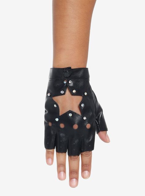 Get the biker chick look in a snap! These black moto gloves are perfect for a mix of punk and cute. These fingerless gloves feature star cutouts outlined with faux gem accents.PolyurethaneImported Star Gloves, Howleen Wolf, Leather Fingerless Gloves, Tall Hoodies, Biker Chick, Plus Size Fits, Socks And Tights, Sweaters And Jeans, Dream Clothes