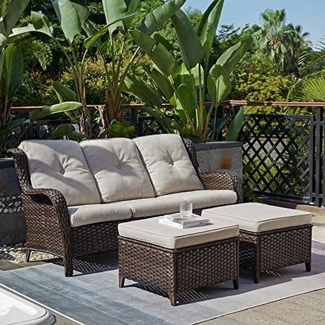 HUMMUH 5 Pieces Outdoor Furniture Set Patio Furniture Wicker Outdoor Sectional Sofa with Swivel Rocker Chairs,Outdoor Ottomans for Patio Outdoor Wicker Sofa, Sofa With Cushions, Patio Couch, Patio Sectional, Wicker Sofa, Patio Sofa, Outdoor Wicker, Outdoor Patio, Red Barrel Studio