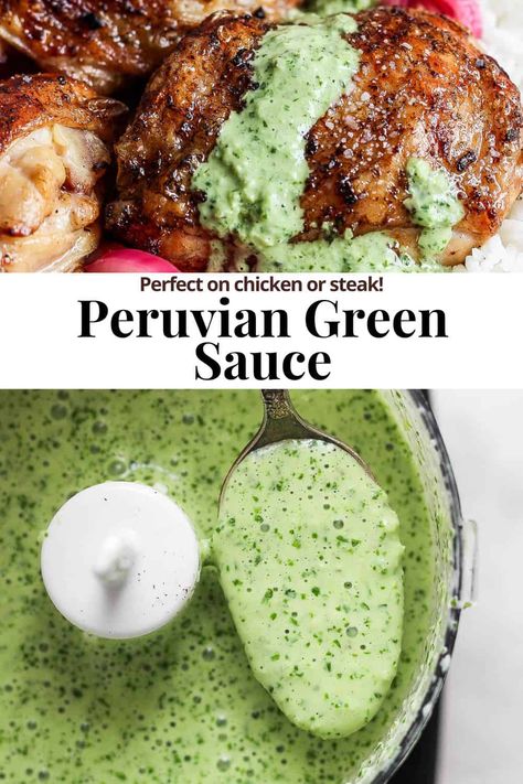 The perfect, smoothest Peruvian Green Sauce that is amazing on some grilled chicken or steak with some rice! #peruviangreensauce #peruviangreensaucerecipe #peruviangreensaucechicken #peruvianchicken Peruvian Green Sauce Recipe, Peruvian Green Sauce, Green Sauce Recipe, Peruvian Chicken, Peruvian Dishes, Authentic Mexican Recipes, Peruvian Cuisine, Resep Salad, Cilantro Sauce