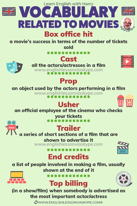 English Vocabulary related to movies, books and theatre. www.englishlessonviaskype.com #learnenglish #englishlessons #EnglishTeacher #vocabulary #ingles #อังกฤษ #английский #aprenderingles #english #cursodeingles #учианглийский #vocabulário #dicasdeingles #learningenglish #ingilizce #englishgrammar #englishvocabulary #ielts #idiomas Types Of Movies, Ielts General, English Grammar Rules, Advanced English Vocabulary, Advanced English, Common Phrases, Writing Inspiration Prompts, English Idioms, English Movies