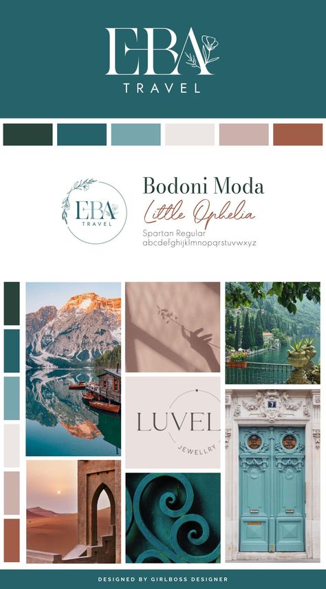 Gorgeous Color Palette, Mood Boards Travel, Blue And Green Brand Color Palette, Travel Agency Color Palette, Uplifting Color Palette, Event Color Palette, Teal Website Design, Luxury Travel Agency Branding, Brand Colour Palette Inspiration