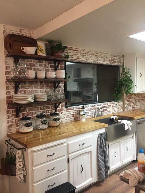 Brick Laminate Wall, Brick Backsplash Kitchen Butcher Block, Kitchen Ideas With Brick Backsplash, Small Kitchen With Brick Backsplash, Rustic Farm Kitchen Decor, Rustic Farmhouse Kitchen Backsplash Brick, Kitchen With Faux Brick Wall, Faux Brick Kitchen Wall, Faux Brick Wall Backsplash