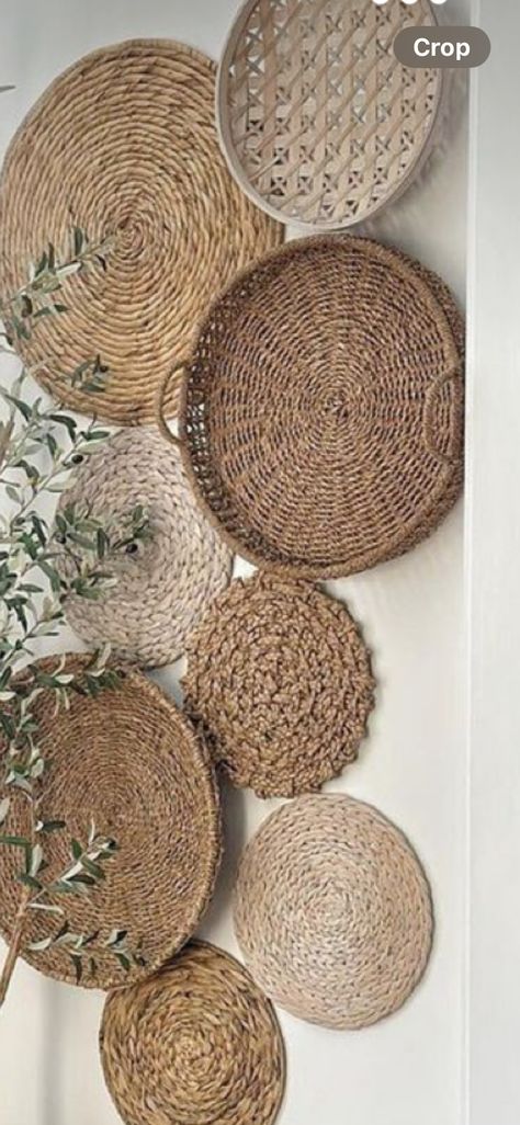 Basket Wall Nursery, Basket Walls Boho Over The Bed, Boho Basket Wall Art Bedroom, Basket Wall Nursery Boho, Basket Wall Ideas, Wall With Clock, Basket Walls Boho Living Room Crochet, Basket Walls Boho, Boho Basket Wall Art Different Shapes