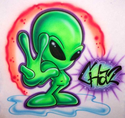 Cool Alien Drawings | Skulls, Flames, Aliens & More; Custom Themed Airbrush Tees ... Cool Alien Drawings, Alien Drawing, Cool Alien, Alien Drawings, Airbrush Designs, Arte Alien, Graffiti Doodles, Emoji Drawing, Graffiti Style Art