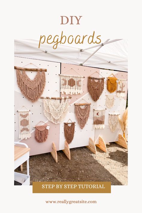 How To Display Macrame At A Craft Show, Macrame Vendor Display, Diy Macrame Ideas, Macrame Market Display, Macrame Display, Macrame Products, Pegboard Display, Craft Market Display, Pola Macrame