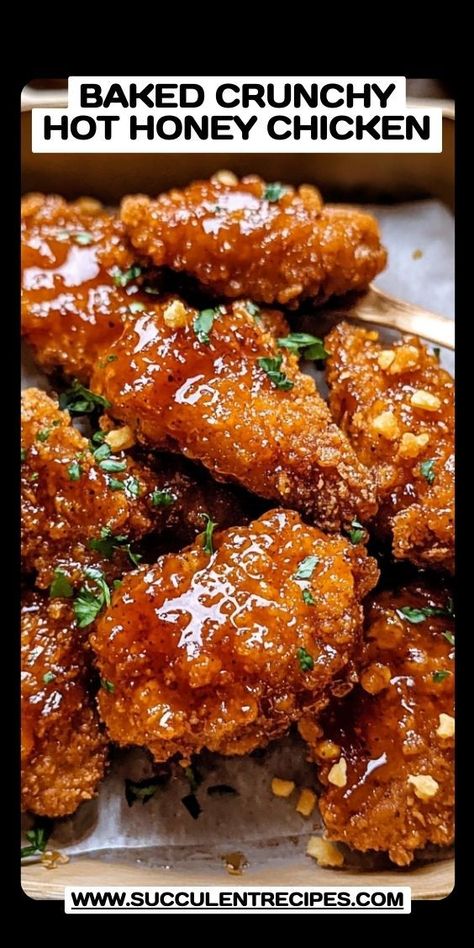 Enjoy this Sweet and Spicy Baked Hot Honey Chicken for a crispy, delicious dinner! The blend of honey and spices gives this crunchy, oven-baked chicken a bold flavor that’s sure to become a family favorite. Honey Dinner Recipes, Baked Crunchy Hot Honey Chicken, Baked Hot Honey Chicken, Crunchy Hot Honey Chicken, Hot Honey Sauce, Spicy Honey Chicken, Honey Baked Chicken, Perfect Roast Turkey, Hot Honey Chicken