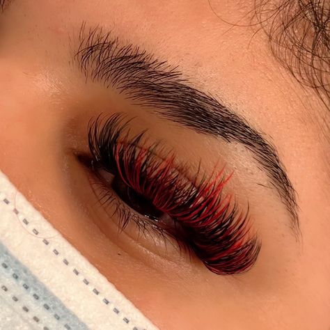 Red Eyelash extensions Lash Extensions With Color Red, Red Eyelashes Extensions, Red And Black Lash Extensions, Red Lashes Extensions, Red Eyelash Extensions, Red Lash Extensions, Red Eyelashes, Red Lashes, Lashes Ideas