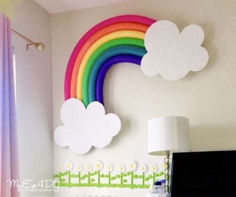 Big Rainbow Decoration, Rainbow Board Ideas, Class 1 Decoration Ideas, Rainbow Classroom Theme Decor Diy, Rainbow School Decorations, Diy Rainbow Wall Hanging Pool Noodle, Giant Rainbow Decoration, Rainbow Wall Decor Diy, Rainbow With Pool Noodles