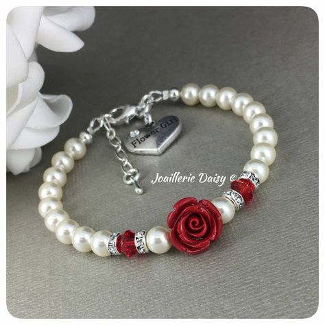 Red Flower Girl, Unique Beaded Bracelet, قلادات متدلية, Flower Girl Jewelry, Flower Girl Bracelets, Girl Bracelet, Bracelet Flower, Gift Flower, Diy Bracelet Designs