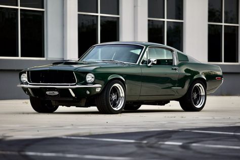 This is a 1968 Mustang GT 2+2 Fastback Cobra Jet in Highland Green Metallic. It has Black Nappa leather interior. This car has 17x9.5 painted charcoal American Racing Torq Thrust VN215 wheels. It features a 710hp Ford/Roush Gen 3 5.0L Ti-VCT Supercharged V8 engine and a Tremec T-56XL 6-speed manual transmission. #mustang #shelby #classicmustang #classicshelby #carinspiration #green #classiccar 1967 Fastback Mustang, Mustang Gt 1967, Icon Cars, 60s Mustang, 68 Mustang Fastback, 1967 Mustang Fastback, 1968 Mustang Gt, Mustang Cobra Jet, Green Mustang