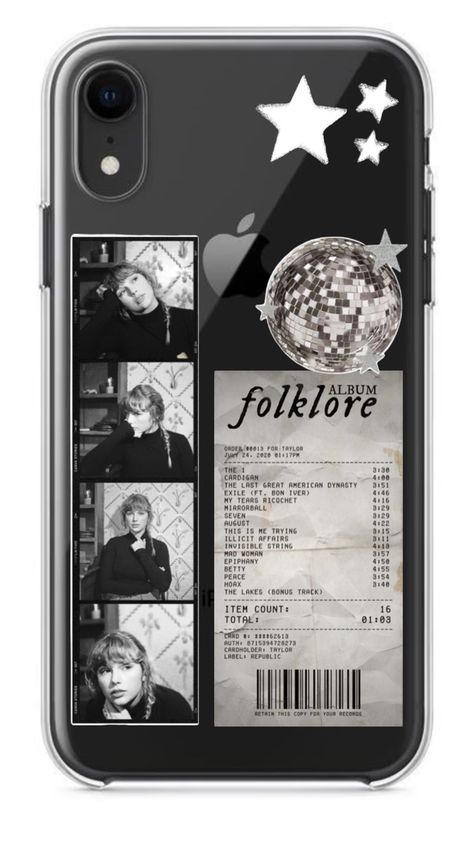 #folklore #taylorswift #folklorealbum #folklorephonecase #aesthetic #mirrorball #coquette Folklore Phone Case, Phone Case Ideas, Clear Phone Case Design, Diy Phone Case Design, Diy Iphone Case, Case Ideas, Mirror Ball, Black Phone, Aesthetic Phone Case