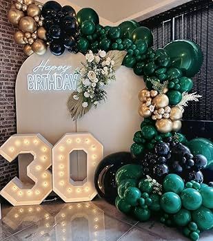 Emerald Green And Black Decor, Dark Green Balloon Arch, Emerald Green And Gold Birthday Party Decorations, Emerald Green Birthday, Gold Balloon Arch, Moms 60th, Emerald Anniversary, 60th Bday, 40th Birthday Party Decorations