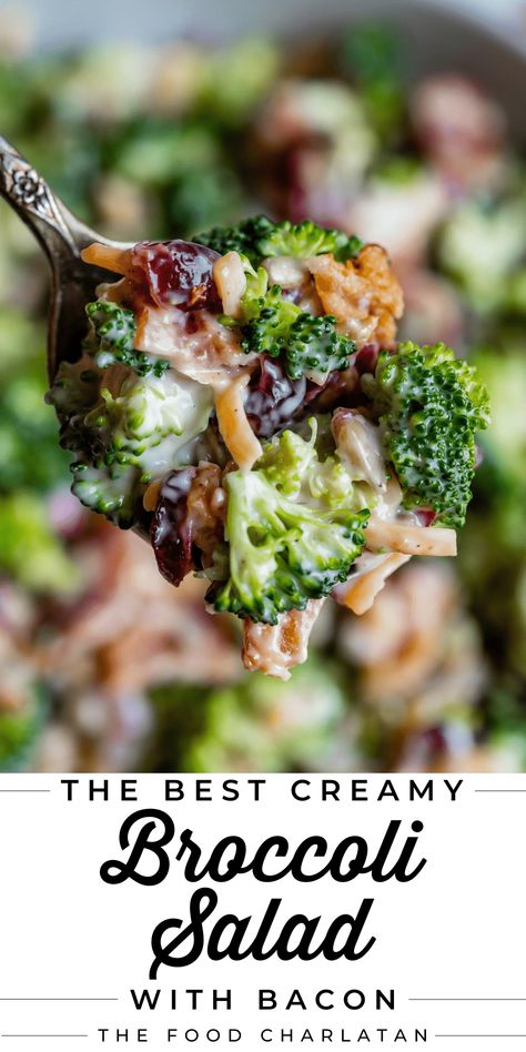 Easy Broccoli Bacon Salad from The Food Charlatan. Everyone needs a recipe for the best Broccoli Salad! This one is stuffed with bacon, cranberry, cheese, sunflower seeds, and tangy homemade dressing. It is easy to make and is a huge crowd pleaser. The perfect side dish to bring to your summer barbecue, or even to serve at Thanksgiving! Crisp-tender broccoli, salty bacon, chewy and tangy dried cranberries, and more smothered in a creamy dressing. Bacon broccoli salad is so fresh and so good! Broccoli Salad Recipe Easy, Bacon Broccoli Salad, Broccoli Bacon Salad, Best Broccoli Salad, Dressings Recipes, The Best Broccoli, Suddenly Salad, Bacon Broccoli, Best Broccoli