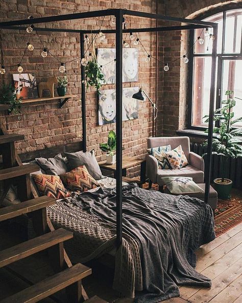 72 Industrial Bedroom Ideas and Design Tips to Try - Cozy Home 101 Design Ložnic, Bedding Design, Bedroom Vibes, Industrial Bedroom, Bohemian Bedroom Decor, Brick Walls, Bohemian Bedroom, College Apartment, Design Del Prodotto